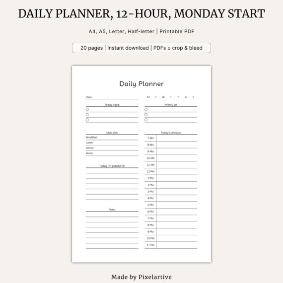 Daily Planner, 12-hour clock, Monday start