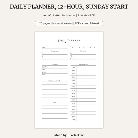 Daily Planner, 12-hour clock, Sunday start