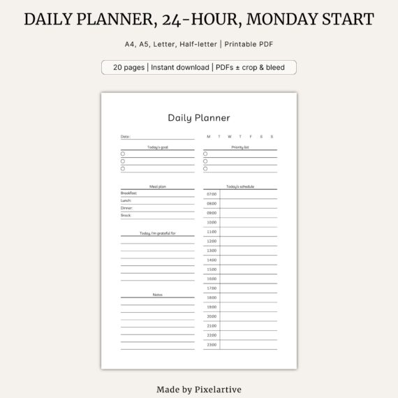 Daily Planner, 24-hour clock, Monday start
