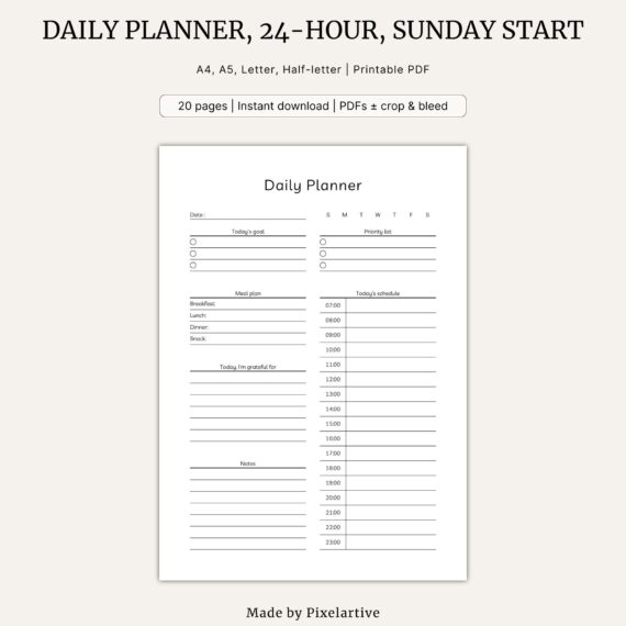 Daily Planner, 24-hour clock, Sunday start