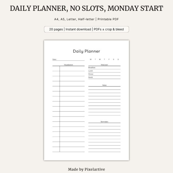 Daily Planner, No time slots, Monday start