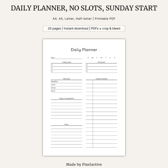 Daily Planner, No time slots, Sunday start