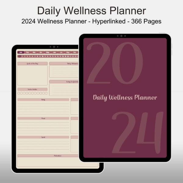 Free Daily Wellness Planner 2024, Portrait Mode, Hyperlinked Planner, Colored Theme Bundle