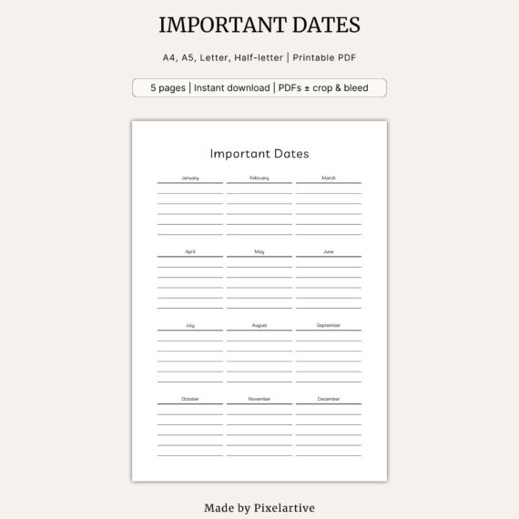 Important Dates Printable Template