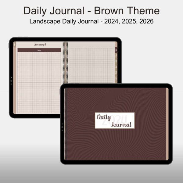 Free Landscape Digital Daily Journal, Grid Template, 2024, 2025, 2026, Brown Theme