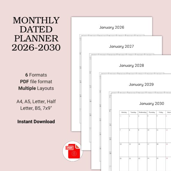 Printable Monthly Dated Planner Template, 2026-2030