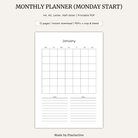 Monthly Planner (Monday start, minimal layout, January–December)
