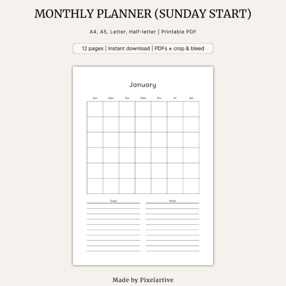 Monthly Planner (Sunday start, minimal layout, January-December)