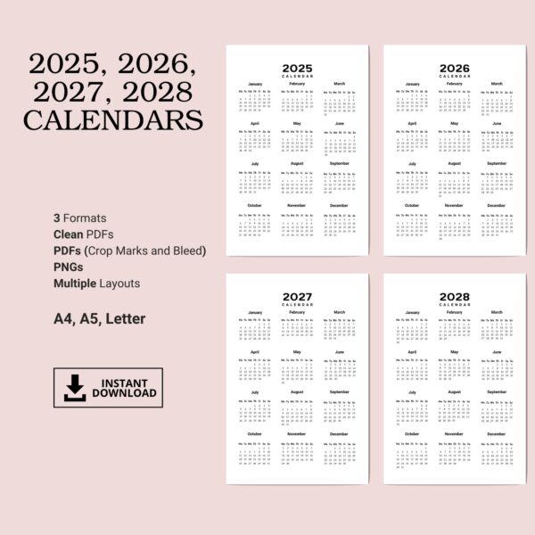 Printable 2025, 2026, 2027, 2028 Calendar, Portrait, A4, A5, Letter