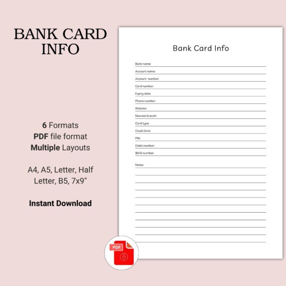 Printable Bank Card Info Template