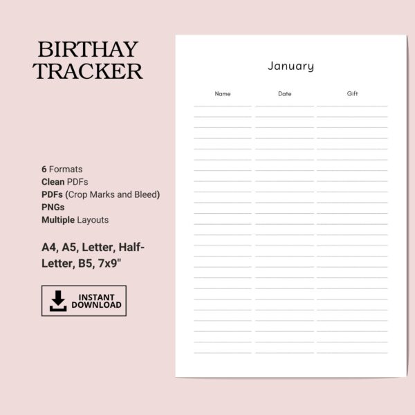 Printable Birthday Tracker Inserts