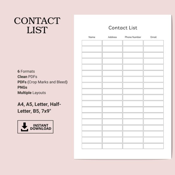 Printable Contact List Template