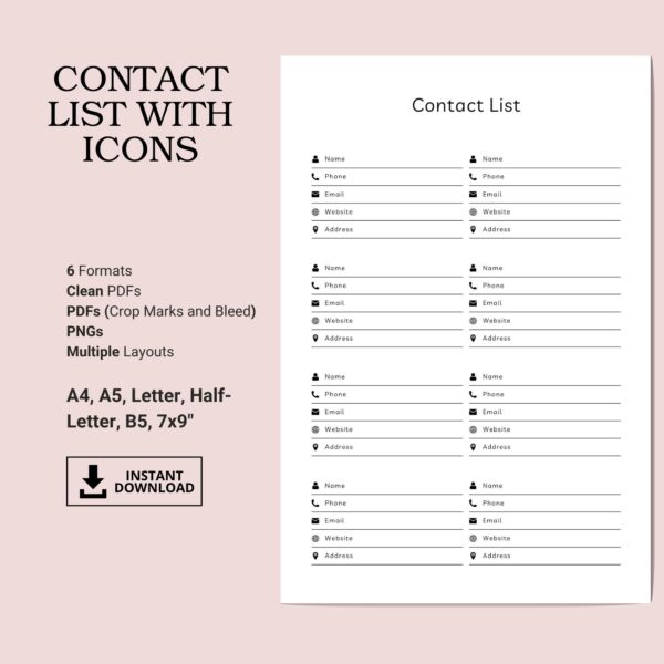 Printable Contact List With Icons Template