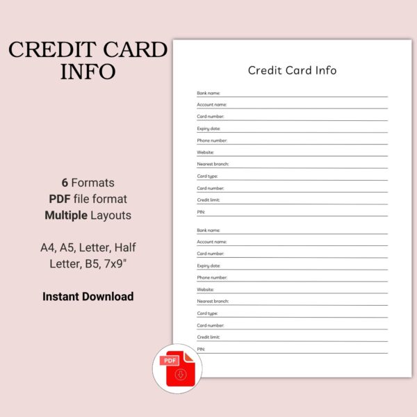 Printable Credit Card Info Template