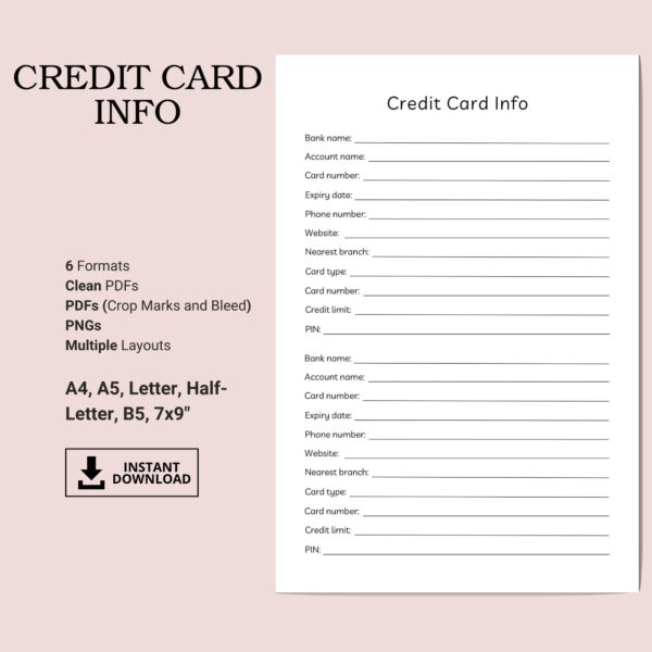 Printable Credit Card Info Template