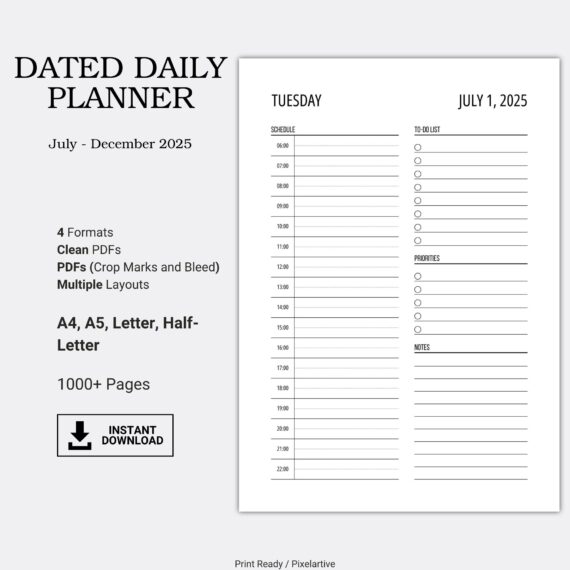 Printable Daily Planner, Dated Planner, July-December 2025