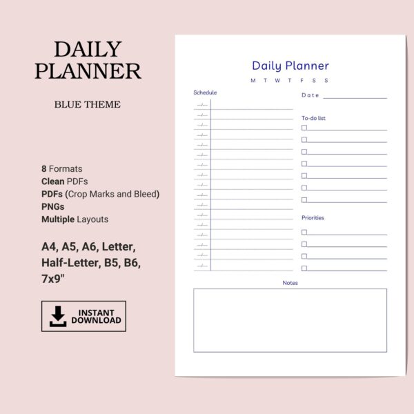 Printable Daily Planner Template, Blue