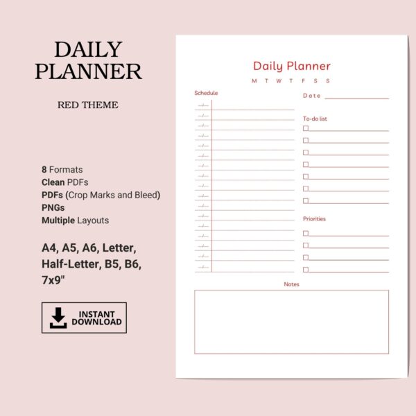 Printable Daily Planner Template, Red