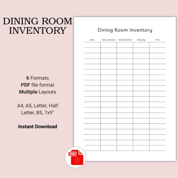 Printable Dining Room Inventory Template