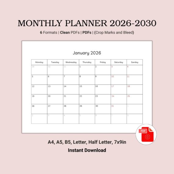 Printable Landscape Monthly Planner 2026-2030 Template