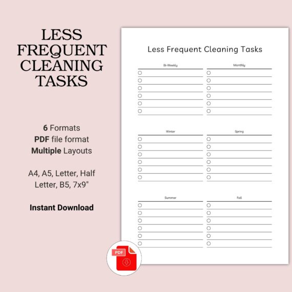 Printable Less Frequent Cleaning Tasks Template