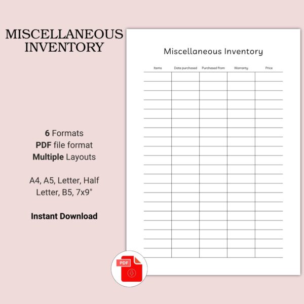 Printable Miscellaneous Inventory Template