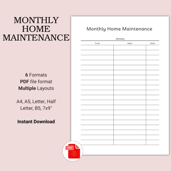 Printable Monthly Home Maintenance Template