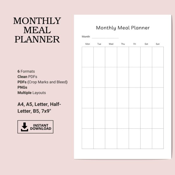 Printable Monthly Meal Planner Inserts