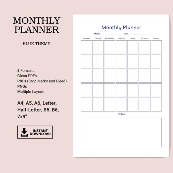 Printable Monthly Planner Template, Blue