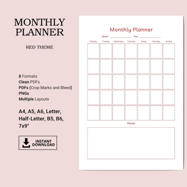 Printable Monthly Planner Template, Red