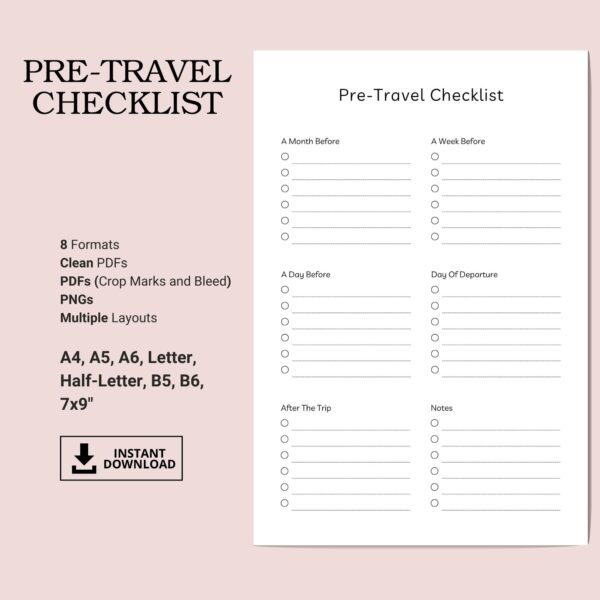 Printable Pre-Travel Checklist Inserts