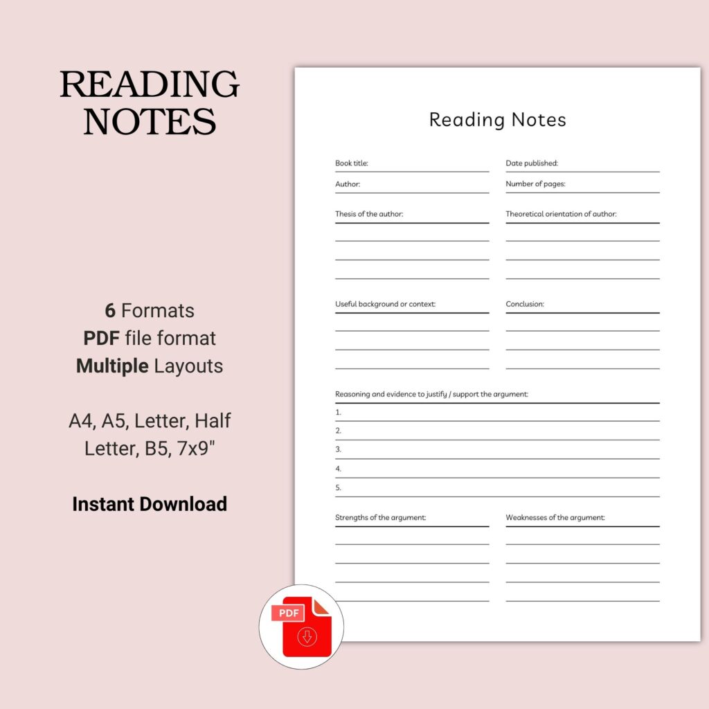 Printable Reading Notes Template