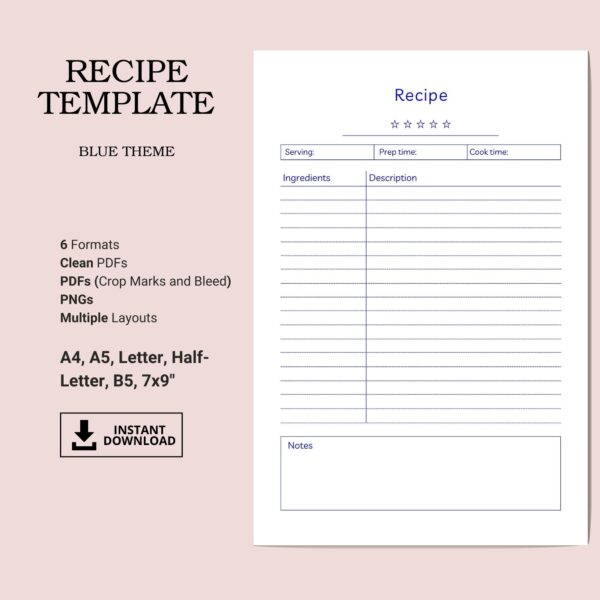 Printable Recipe Template, Blue