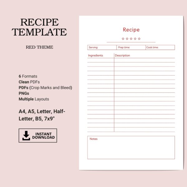 Printable Recipe Template, Red