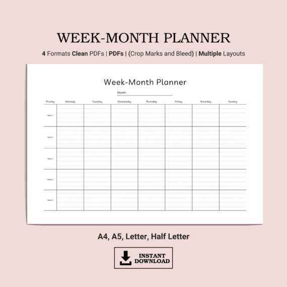 Printable Week-Month Planner Template, Landscape