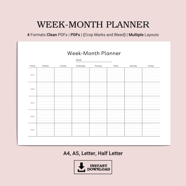 Printable Week-Month Planner Template, Landscape