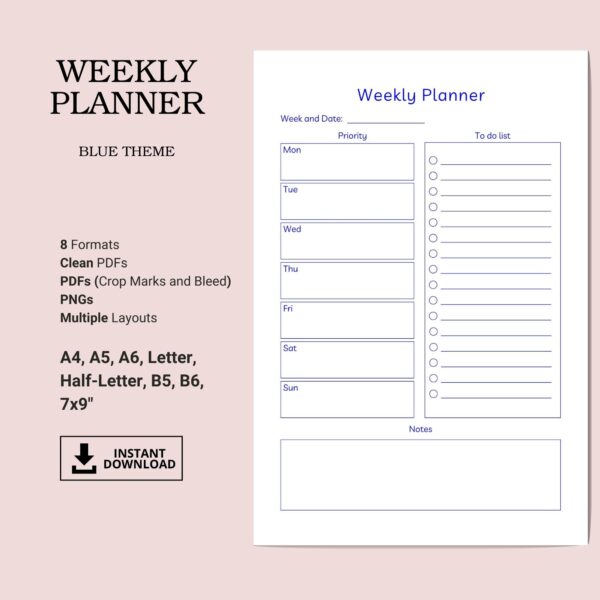 Printable Weekly Planner Template, Blue