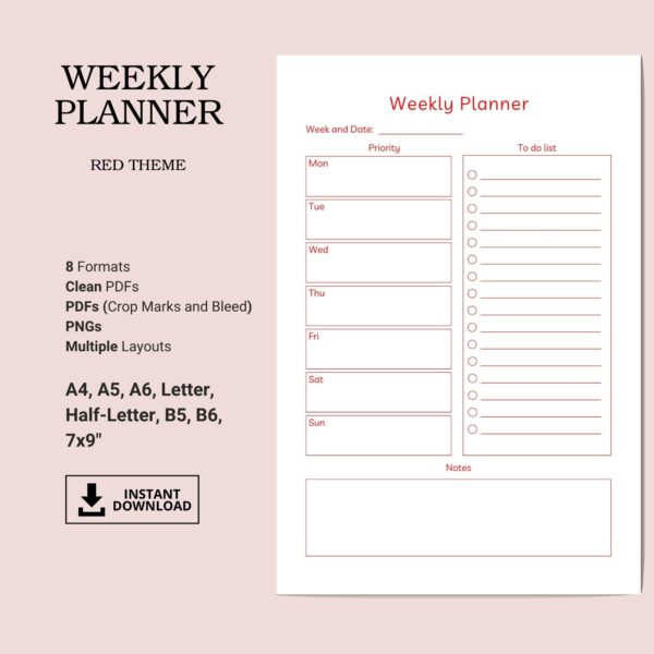 Printable Weekly Planner Template, Red