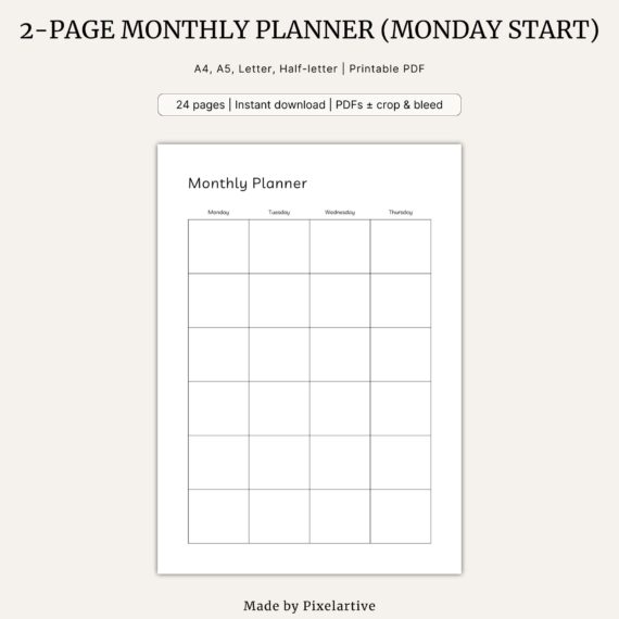 Undated 2-page Monthly Planner (Monday start, January-December)