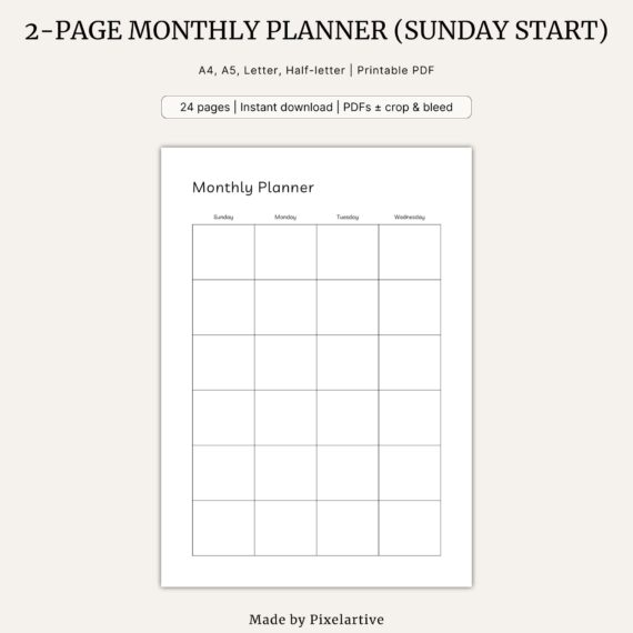Undated 2-page Monthly Planner (Sunday start, January-December)