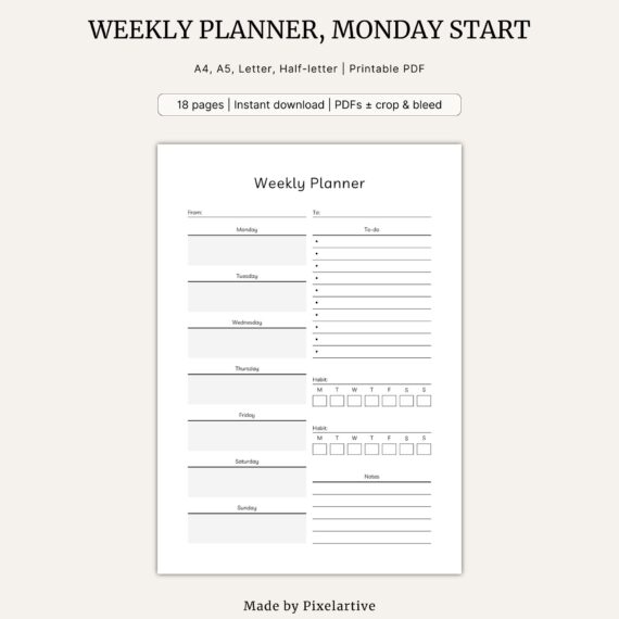 Weekly planner template, Monday start