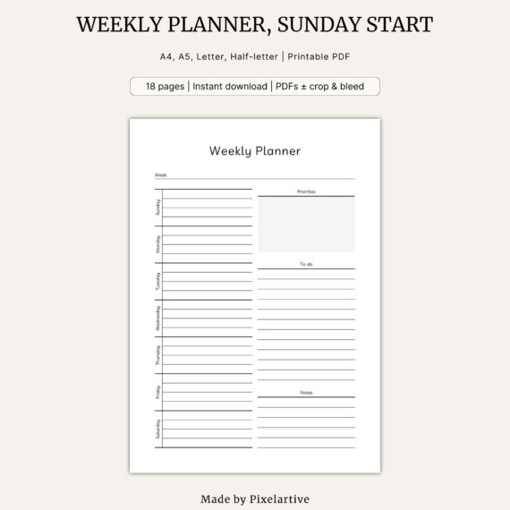Weekly planner template, Sunday start
